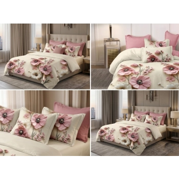 Pościel 160x200 różowe kwiaty z prześcieradłem – komplet premium 4cz PK817